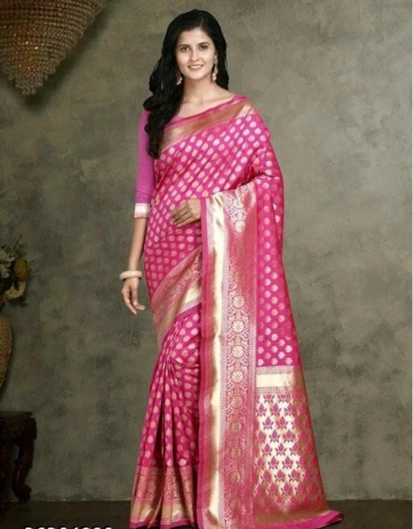 ABHISARIKA Banarasi Silk Pink Color Golden Border Saree With Banarasi Silk Blouse Piece - Free Size, Pink, Banarsi Silk, Pack of1